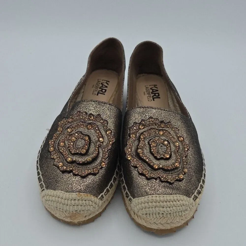 Karl Lagerfeld Size 6 Gold Metallic Embellished Espadrilles Abby Womens EUC